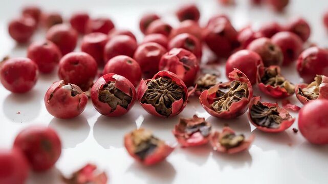 Macro Shot of Pink Peppercorns on White Background