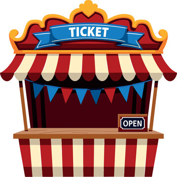 Vintage circus ticket booth vector illustration retro carnival kiosk with striped awning canopy graphic