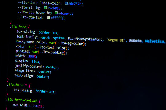 Work from home concept of programmer. Technology abstract background of coding screen for web design, software development, data analysis, data security concept.