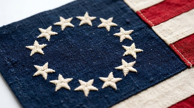 Historical betsy ross american flag with a circle of thirteen white stars on a blue field. 13 colonies flag