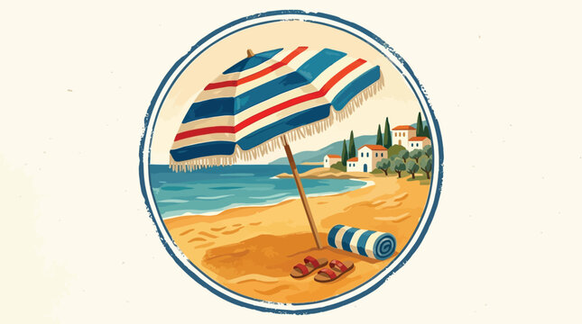 A vintage parasol stands on a sunny beach with a striped towel and ocean view