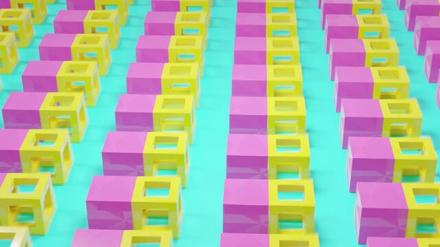 Contemporary abstract composition featuring colorful cubic objects in vivid fluorescent palette, realistic 3D render, modern digital background with geometric aesthetic