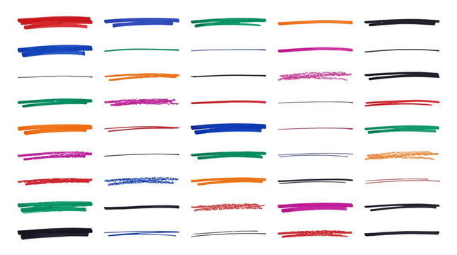 Hand drawn marker strokes and colorful highlighter lines, set of 40 vector brush strokes, vibrant felt tip pen underlines for highlighting text