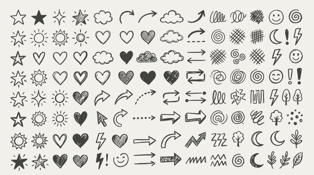 Hand drawn doodle icon set, black ink sketch elements of stars, hearts, and arrows, 120 vector illustrations for creative bullet journaling and planner design