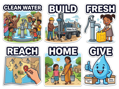 Clean Water Well Charity Sticker Set Village Water Access Donation Vector Illustration