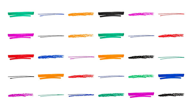 Hand drawn marker strokes and colorful highlighter lines, set of 30 vibrant felt tip pen underlines, neon ink brush strokes for text emphasis