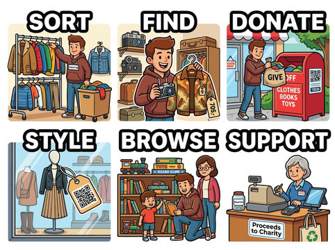 Charity Thrift Shop Secondhand Sticker Set Donation Bags Racks Vector Illustration