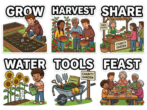 Community Garden Volunteer Charity Sticker Set Growing Fresh Vegetables Vector Illustration