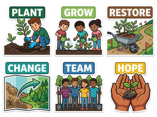 Fototapeta premium Tree Planting Reforestation Charity Sticker Set Volunteers Growing Forest Vector Illustration