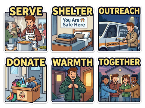 Homeless Shelter Support Charity Sticker Set Warm Meals Housing Vector Illustration