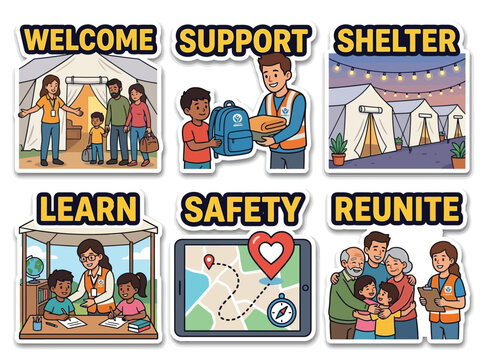 Refugee Support Charity Sticker Set Welcome Shelter Family Aid Vector Illustration