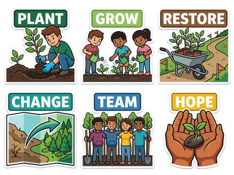 Tree Planting Reforestation Charity Sticker Set Volunteers Growing Forest Vector Illustration