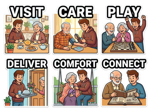 Senior Citizen Care Charity Sticker Set Elderly Support Companionship Vector Illustration