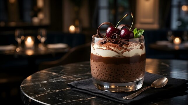 Gourmet Chocolate Tapioca Pudding with Whipped Cream and Cherries