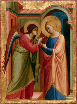 Sienese School tempera painting of a tender encounter between a winged messenger and maiden
