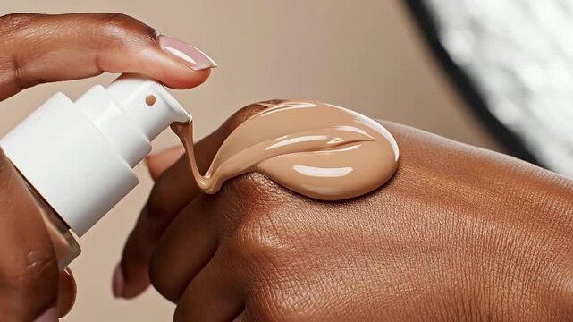 Close Up Of Foundation Being Pumped Onto The Back Of A Hand, Showcasing Texture And Rich Color For Beauty And Skincare Visuals