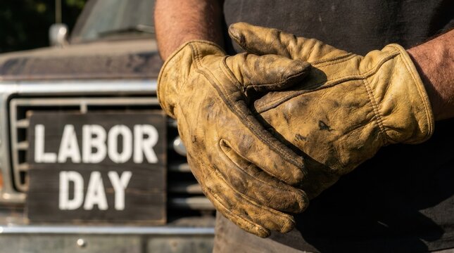 A worker's hands in dirty leather gloves in front of a labor day sign on a truck
