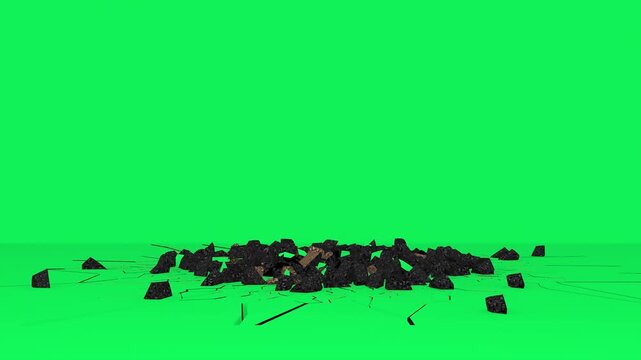 Mixed asphalt and soil ground impact effect with debris on green screen.