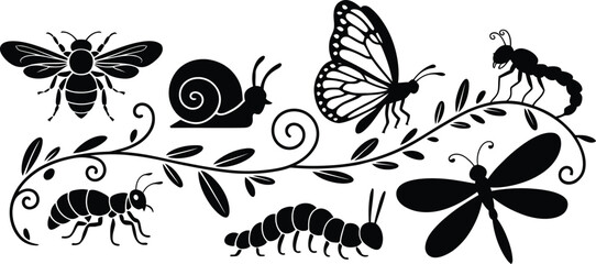 Decorative horizontal border set featuring black insect silhouettes of butterfly bee dragonfly ant snail and caterpillar silhouette butterfly dragonfly caterpillar decorative illustration © MstAsmaAkter