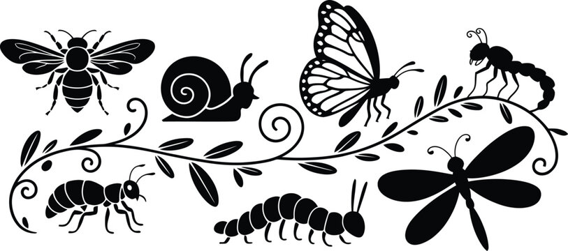 Decorative horizontal border set featuring black insect silhouettes of butterfly bee dragonfly ant snail and caterpillar silhouette butterfly dragonfly caterpillar decorative illustration