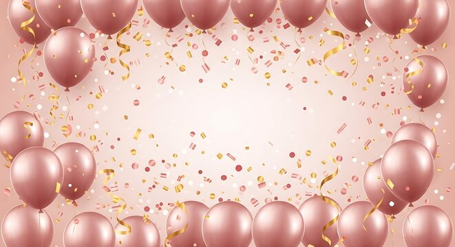 Rose gold balloons frame with golden confetti falling balloons celebration