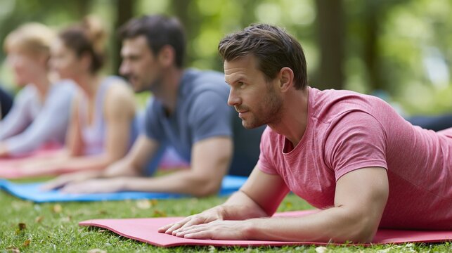 Group of diverse adults practicing yoga or fitness exercise outdoors on mats in a park