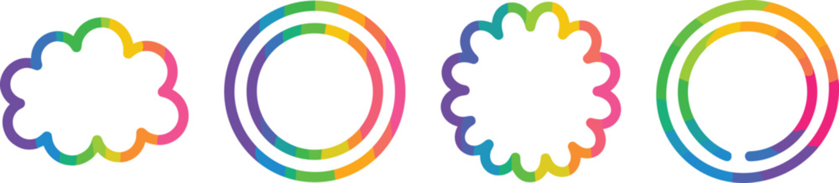 Abstract colorful gradient geometric frames vector illustration set featuring bright rainbow line outlines of circle cloud and flower shapes