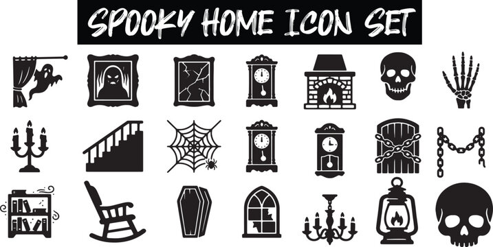 Spooky home icon set with haunted house elements and halloween decorations in black silhouette