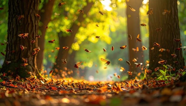 A Swarming Mass of Cicadas Emerges in a Sunlit Forest During Autumn