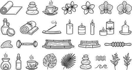 Spa and wellness line icon set featuring hot stones massage oil candles gua sha jade roller bamboo tray and tropical flowers vectors © Kulsum