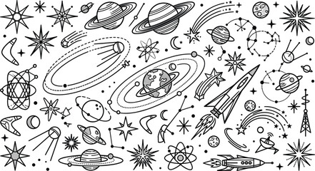 Space exploration retro doodle line art set featuring planets rocket ships orbiting systems satellites comets constellations and cosmic astronomy vectors © Kulsum