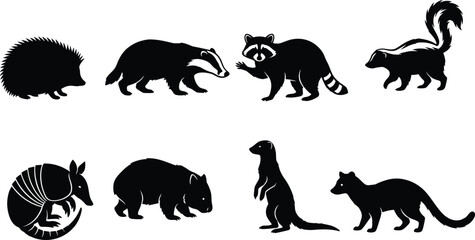 Obraz premium Black Silhouette Mammal Icons Featuring Badger, Raccoon, Skunk, Armadillo, Wombat, Meerkat, Mongoose, and Echidna