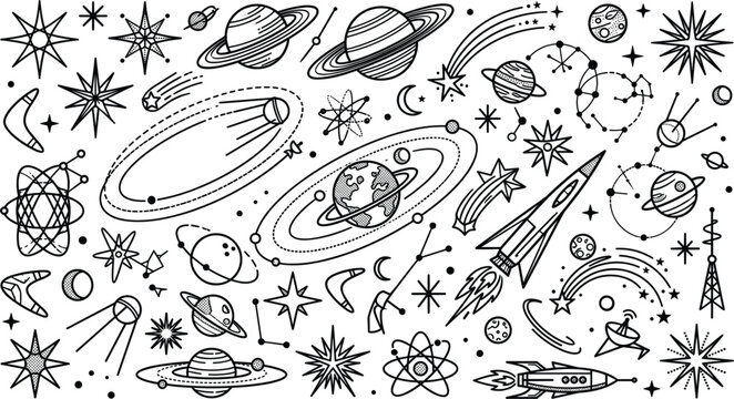 Space exploration retro doodle line art set featuring planets rocket ships orbiting systems satellites comets constellations and cosmic astronomy vectors