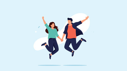 Obraz premium Happy young couple holding hands while jumping together in the air against a light blue background, expressing pure happiness.