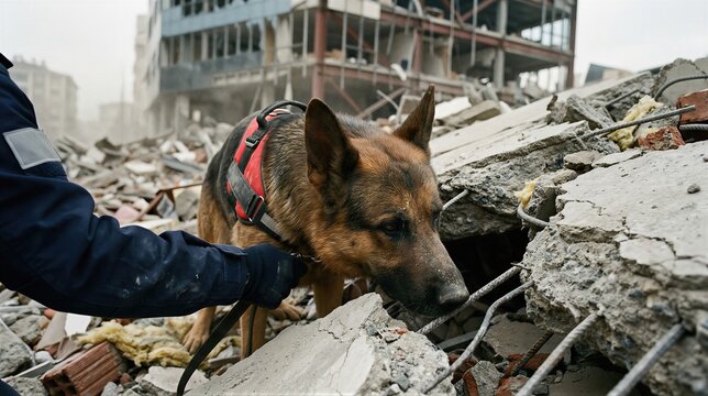 Search and rescue dog looking for survivors in earthquake disaster zone. Professional canine worker sniffing through rubble of collapsed building. Emergency response and relief effort.