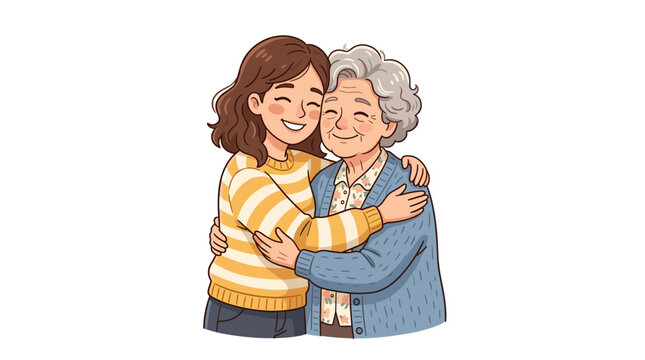 Young woman hugging her grandmother with love and affection