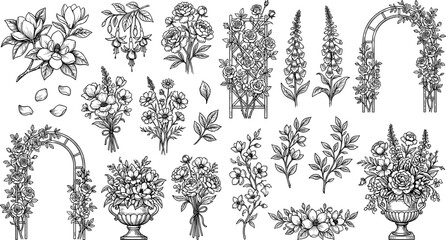 Vintage garden floral sketch element set featuring rose arches trellis urn bouquets magnolias foxgloves and botanical wedding illustration vectors © Kulsum