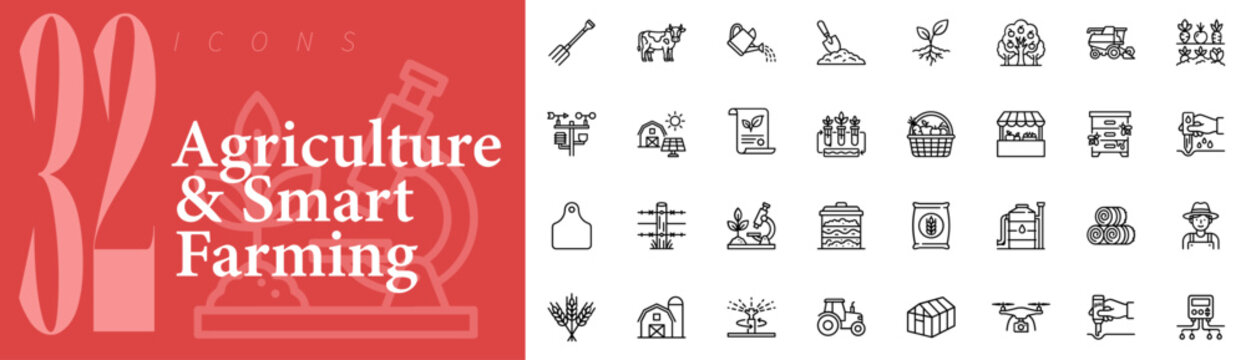 Agriculture and Smart Farming 32 Outline Vector Icons Set