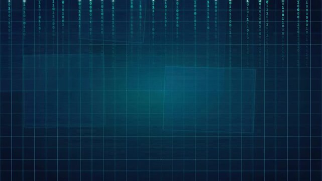 Abstract digital background with flowing binary code and blue glowing grid for technology concepts