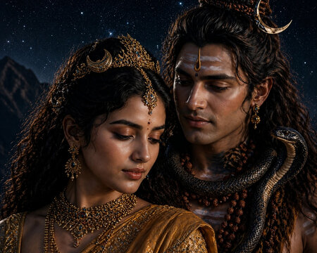Shiva and Parvati Inspired Divine Couple Portrait Under a Starry Night Sky with Sacred Serpent