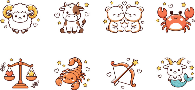 Cute kawaii zodiac signs astrology vector illustration set featuring cartoon animal characters like aries taurus gemini cancer libra scorpio sagittarius and capricorn
