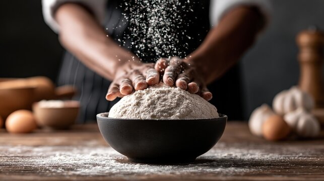 Baker gently kneading dough with flour on wooden table.