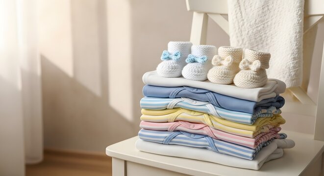 Folded Baby Clothes And Booties Soft Pastel Colors