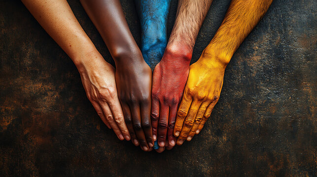 Close-up of multiracial hands joined in unity, symbolizing teamwork and inclusion 
