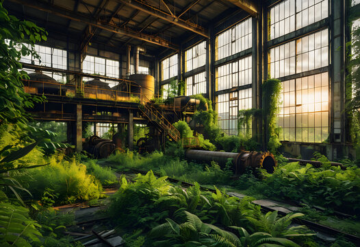 Abandoned industrial plant reclaiming by lush nature
