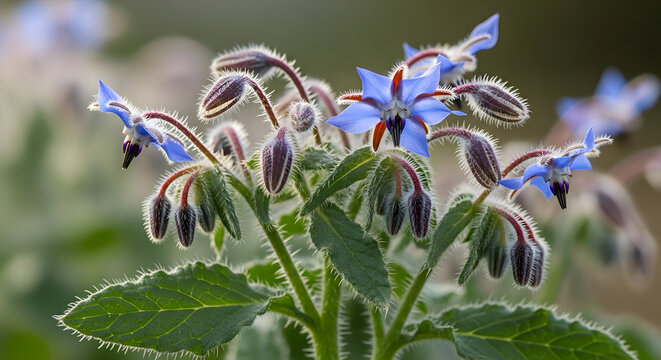 Close up of blue borage flowers and hairy buds. Starflower herb plant growing in a garden. Macro botanical photography