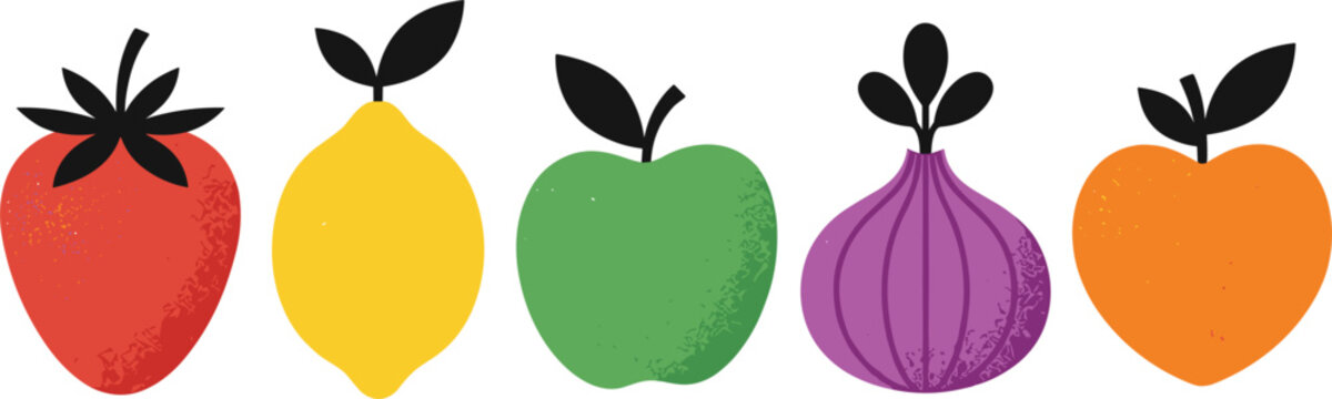 Cute minimal textured fruit and vegetable vector illustration set featuring retro flat style strawberry lemon green apple onion and peach