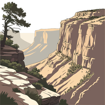 A of a vast canyon landscape with steep rock walls, a lone pine tree on the edge, and soft sunlight hitting the terrain