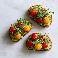 Fresh Avocado Toast with Cherry Tomatoes and Microgreens © Tharshan