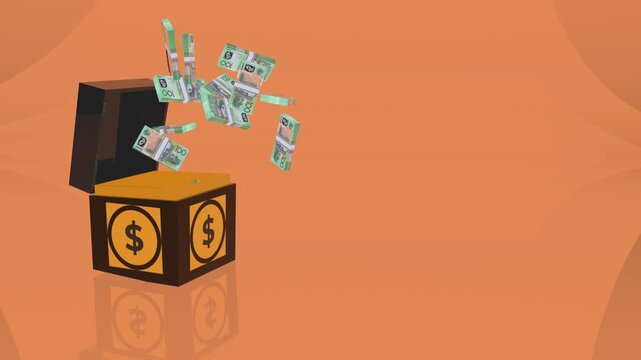 3d animation of a money gift box opening and releasing stacks of australian dollar banknotes.